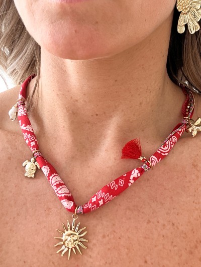 Collier tissus soleil - Rouge