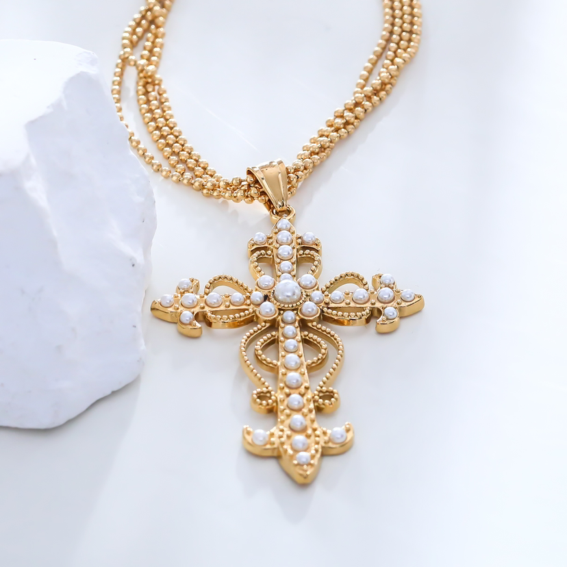 Collier en Acier Croix perle