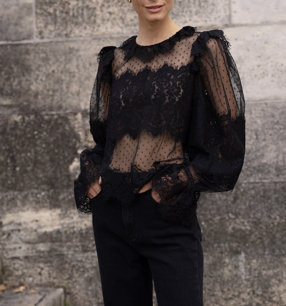 Blouse en tulle à pois Déborah - Dentelle noire